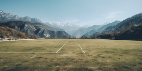 Poster - A tennis court with a stunning mountain backdrop. Perfect for sports enthusiasts and nature lovers