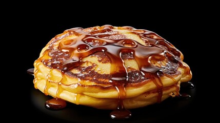 Wall Mural - A stack of pancakes covered in syrup on a black plate. Suitable for breakfast or food-related designs