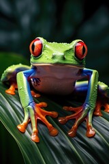 Sticker - A red eyed frog sitting on top of a leaf. Perfect for nature enthusiasts or educational materials