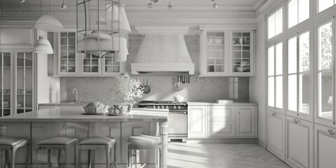 Canvas Print - A black and white photo showcasing the interior of a kitchen. Suitable for various uses