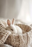 Fototapeta Zwierzęta - White rabbit nestled in a chunky knit basket, cozy tranquility. Suitable for pet care and lifestyle content. 