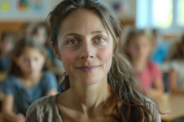 Poster - A woman in a classroom looking directly at the camera. Suitable for educational and business concepts