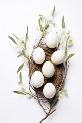 Poster - A nest with eggs and colorful flowers on a white surface. Suitable for spring or Easter themes