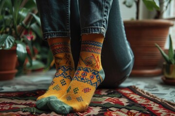 A person wearing a pair of yellow socks. Suitable for fashion or clothing concepts.