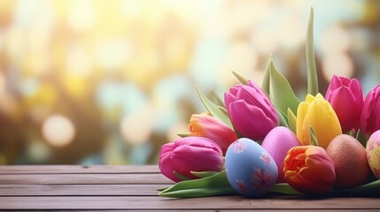 Poster - Fresh tulips and eggs displayed on a rustic wooden table, perfect for spring or Easter themed projects