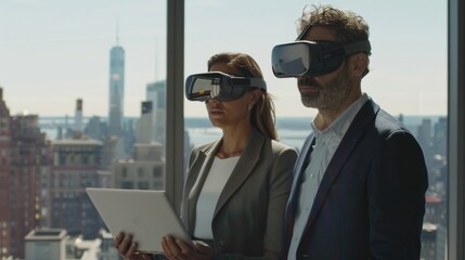 Poster - A couple experiencing virtual reality together. Perfect for technology concepts
