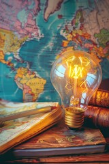 Poster - A light bulb resting on a stack of books. Ideal for educational concepts