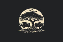 Bulls On Under Big Tree Grunge Design Vector Illustration