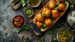 Indian vada pav street food snack with spicy potato fritters in a bun, served with chutneys and green chilies