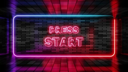 Neon sign press start in speech bubble frame on brick wall background 3d render. Light banner on the wall background. Press start loop keyboard key, design template, night neon signboard
