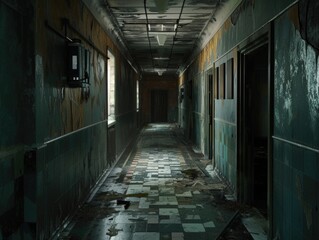 Wall Mural - Dark, abandoned hospital with gloomy corridors and mutilated walls. AI generative.