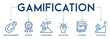 Gamification banner vector illustration concept with the icon and symbol of user-engagement, reward, achievement, motivation, learning and challenge