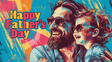 Wall Mural - A pop art style of a father and his child wearing sunglasses and smiling with 