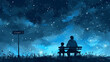 A sketch of a father and his child sitting on a bench and looking at the stars with 