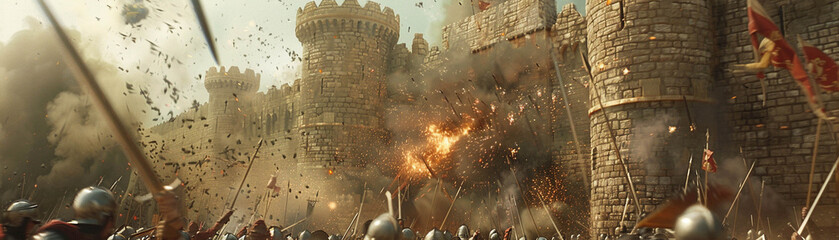 dramatic scene of a medieval siege with soldiers storming the castle gates catapults in action and t
