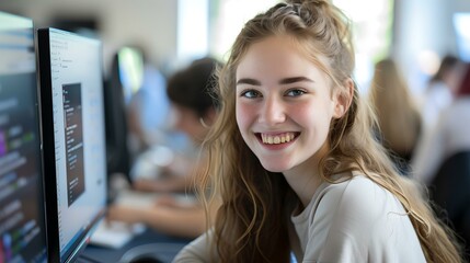 Aufkleber - Smiling young woman at work in front of computer monitor, casual office setting. AI