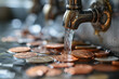Water flows from the tap, coins lie below.