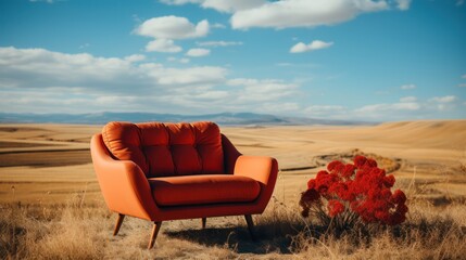 Wall Mural - A red chair sits in a grassy field with a book UHD WALLPAPER