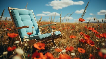 Wall Mural - A red chair sits in a grassy field with a book UHD WALLPAPER