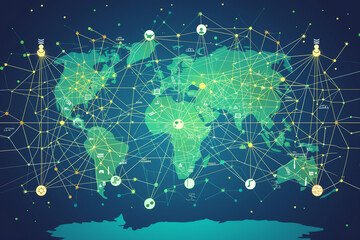 Wall Mural - Global satellite communication showing big data being transmitted across the world while using the internet by the use of worldwide artificial intelligence, stock illustration image