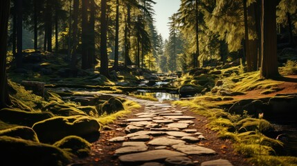 Wall Mural - A road in the woods with the sun shining UHD WALLPAPER