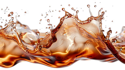 Poster - cascading liquid brown soda or tea splash frozen in an abstract futuristic 3d texture isolated on a transparent background