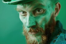 St. Patrick's Day. Handsome Man In Green Leprechaun Elf Costume