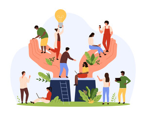 Wall Mural - Support and care for benefits and wellbeing of employees from corporate leader. Giant hands of employer hold tiny people and plant leaves, protect office workers and staff cartoon vector illustration