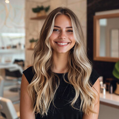 25 year old female with long blonde hair wearing black working in a beauty salon smiling clean minimalist style light colors editorial style magazine blurred background