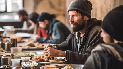 Donating food to starving people, the concept of poverty and hunger.