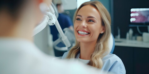 happy female patient checking her smile after brushing her teeth, consulting a dentist. Generative Ai