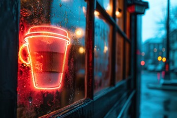 neon coffee cup red sign on a cafe outside view on rainy day in the evening. Caffeine addiction. Favorite drink and hipster urban lifestyle.