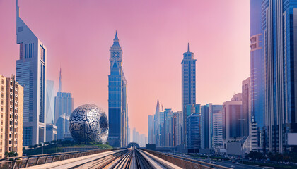 Wall Mural - Cityscape of Dubai, modern metro railway with skyscrapers. Amazing sunset view skyline. UAE Metropolitan road and building architecture with urban background