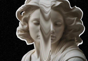 Angel sculpture. Conceptual graphic poster in retro style and grainy effect.	