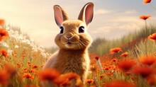 A Portrait Of A Rabbit Sitting In A Field Of Flowers