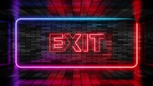 Neon Sign Exit In Speech Bubble Frame On Brick Wall Background 3d Render. Light Banner On The Wall Background. Exit Loop For Buildings Door, Design Template, Night Neon Signboard
