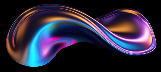 Fototapete - Bold holographic liquid blob shape isolated. Iridescent wavy melted substance on black background