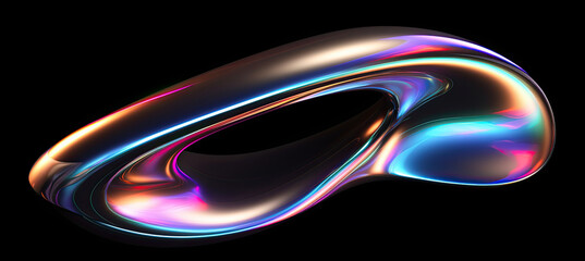 Fototapete - Bold holographic liquid blob shape isolated. Iridescent wavy melted substance on black background