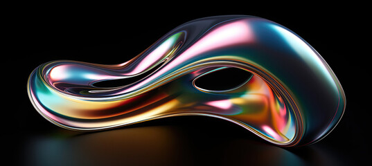 Wall Mural - Bold holographic liquid blob shape isolated. Iridescent wavy melted substance on black background