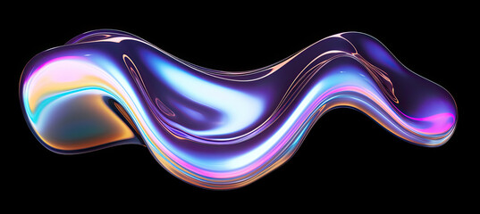 Fototapete - Bold holographic liquid blob shape isolated. Iridescent wavy melted substance on black background
