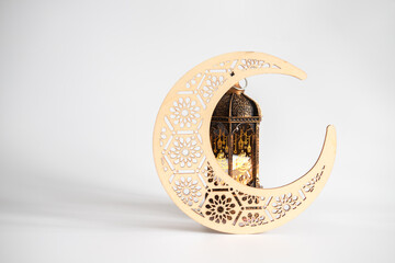 Wall Mural - Ramadan Kareem moon and lantern on white background, Arabic culture, vintage decoration