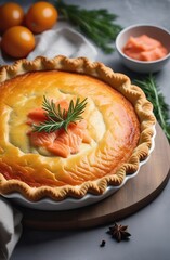 Wall Mural - Classic pie with salmon and white fish on wooden board Composition with fish pie on concrete background with textile and spices Homemade pie with fish in rustic style on gray table. Creative Banner. s