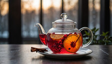Tea With Cranberry, Orange, And Spices In A Glass Teapot On The Table. Generative AI