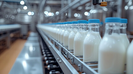 Wall Mural - Production milk in bottles in a factory, food industry concept
