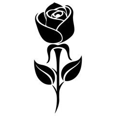 rose with leaves, Vector black silhouette of a rose flower	