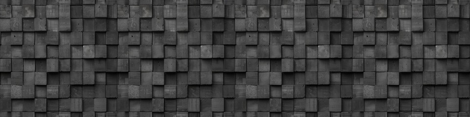 Wall Mural - Black antharcite dark 3d stone concrete cement tiles texture with square cubes mosaic tile background panorama banner long, seamless pattern