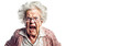 Elderly woman grandmother screams in angry anger, aggressively disappointed, white background isolate.