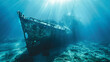 Sunken ship landscape on the seabed underwater.
