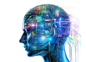 Wall Mural - Realistic Artificial intelligence. Computer mind connections head. Human 3D head with circuit board inside. Engineering concept. Technology web background. Virtual concept