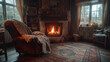 Crackling fireplace, fluffy throw blankets, quaint wallpaper, snug armchair, fisheye lens, late afternoon
